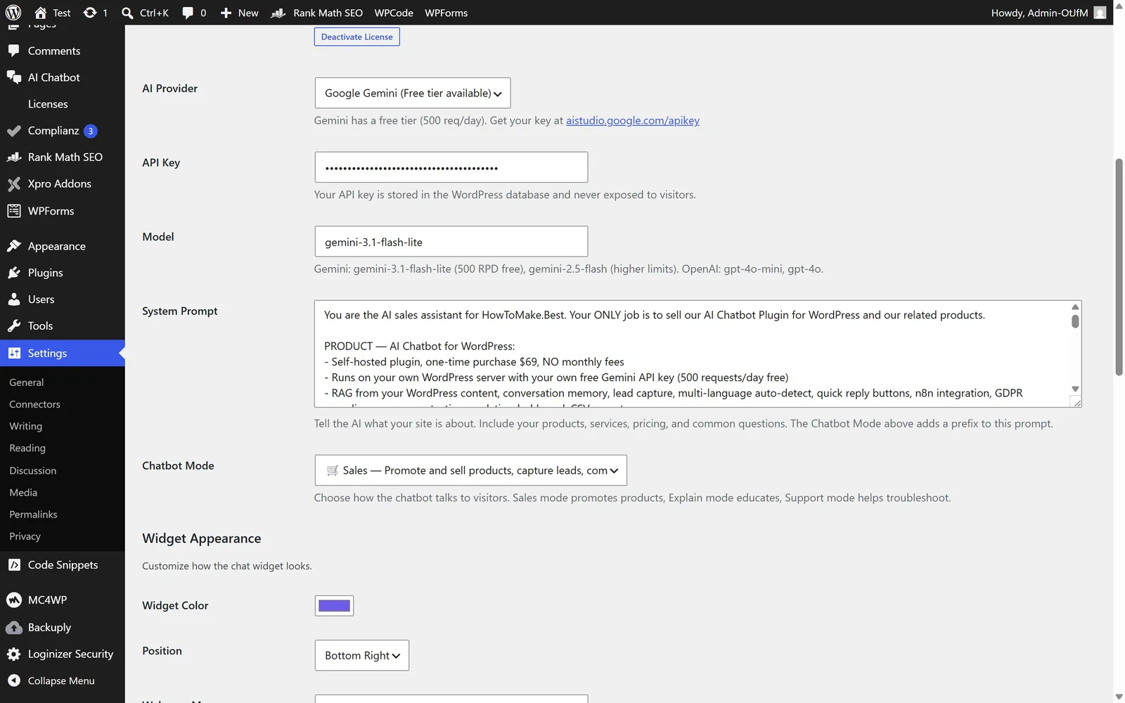 Chatbot plugin admin settings with AI provider, model and mode controls