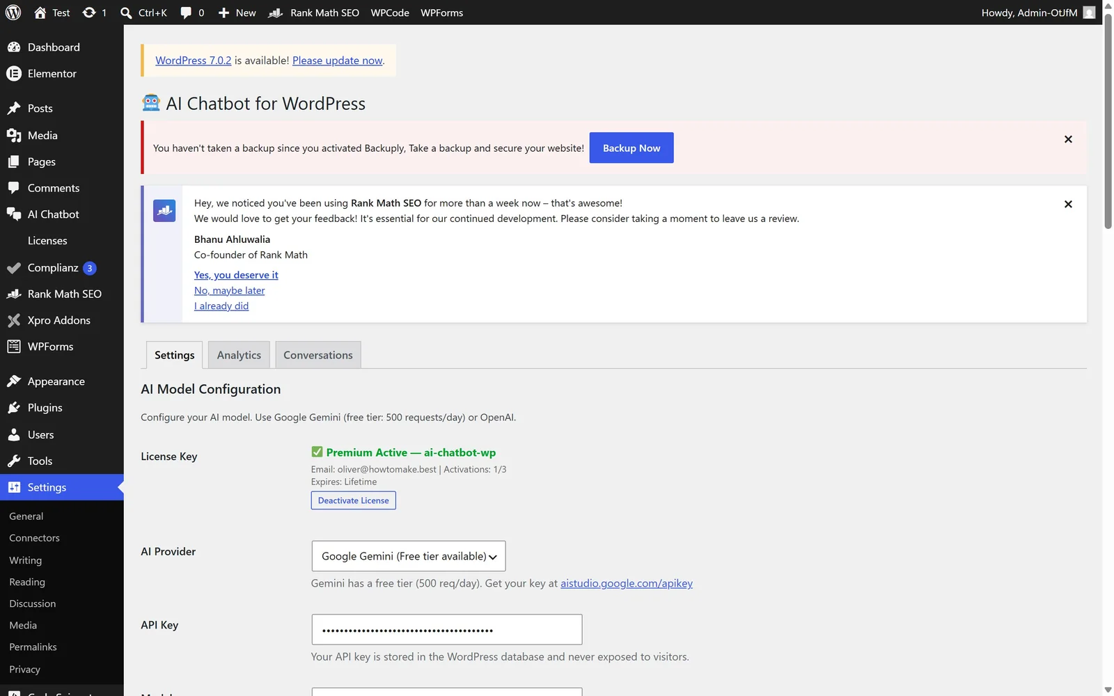Plugin settings screen in WordPress admin