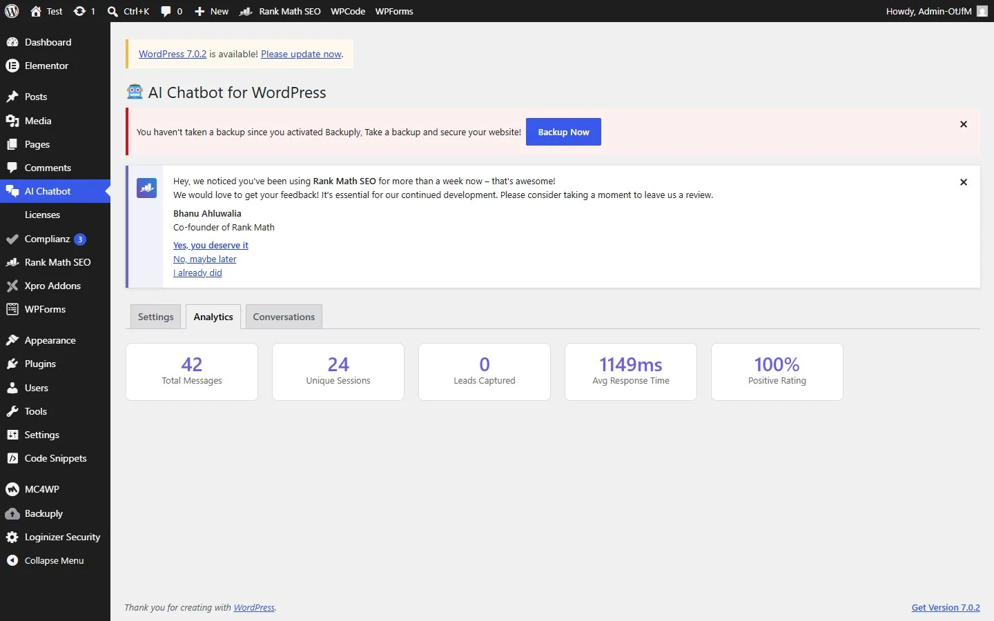 Plugin analytics dashboard showing conversations, messages and response time