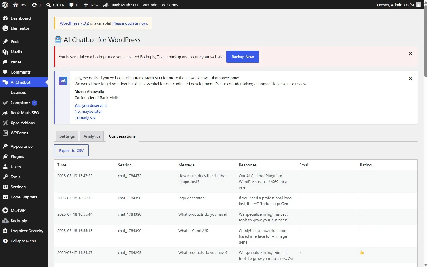 Conversation log table with message, response, email and rating columns