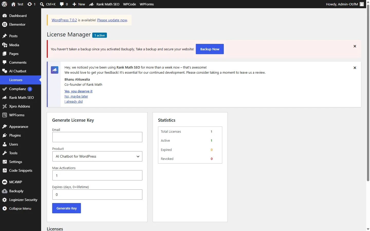 Licence manager with key activation and usage statistics