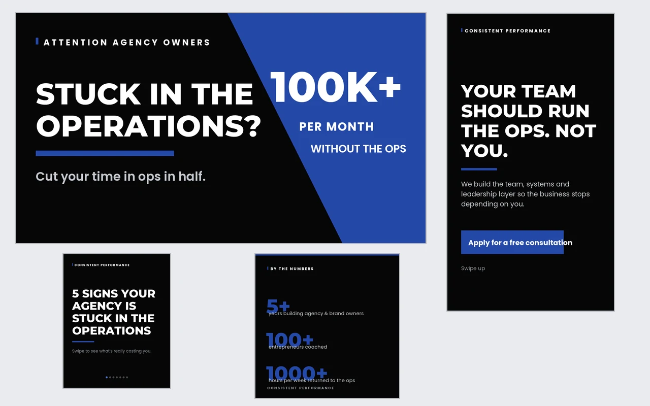 Consistent Performance spec set: carousel, YouTube thumbnail, Story cover and stats card