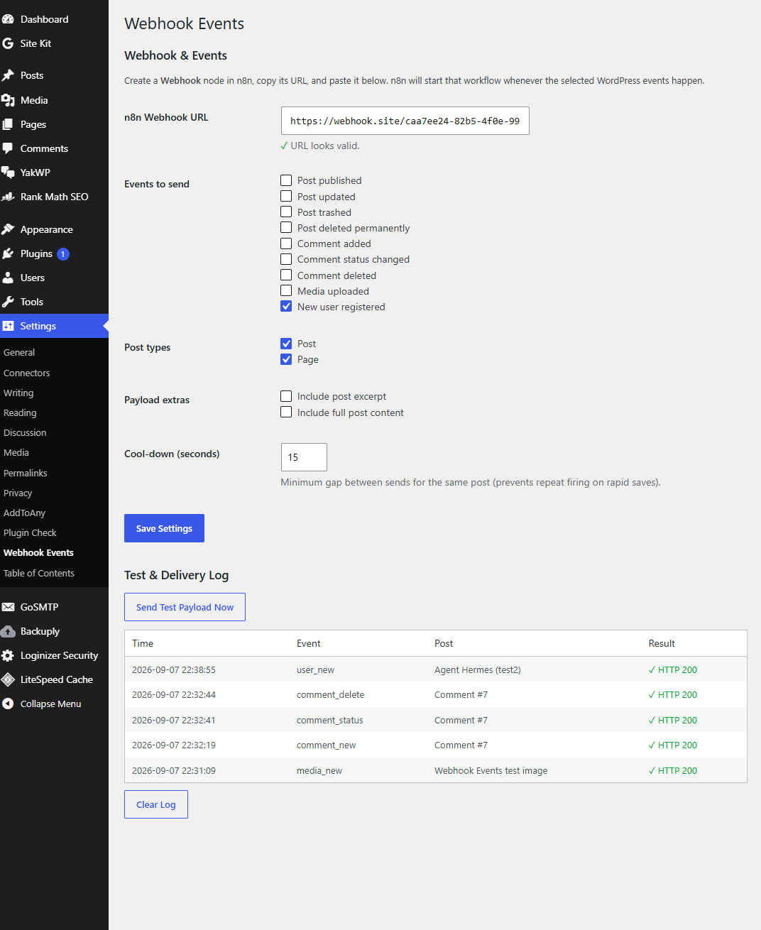 The free WordPress webhook plugin settings page showing the delivery log with HTTP 200 results
